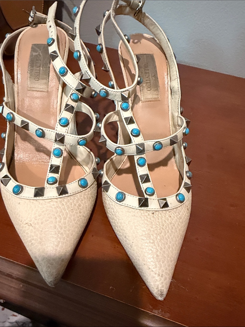 Valentino Ivory Pointed-Toe Studded Slingback Pumps with Turquoise Accents